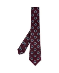Kiton Dark Red Tie With White And Blue Geometric Pattern