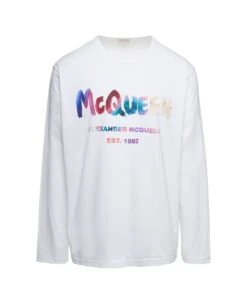 Alexander McQueen White Crewneck Sweatshirt With Multicolor Graffiti Logo Print In Cotton Man