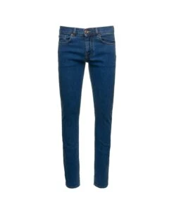 Versace Blue Fitted Jeans With Logo Embroidered And Botton In Cotton Blend Denim Woman