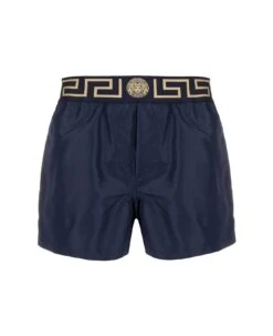 Versace Blue Swim Trunks With Greca And Medusa Head Print On Elastic Waistband In Nylon Man