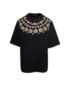 Dolce & Gabbana Black Oversized T-shirt With 'monete' Print Detail In Cotton Man