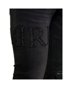 Amiri Black Skinny Jeans With Crystal Embellished Logo And Used Effect In Stretch Cotton Denim Man -Volk Clothing Sales 2695e848d6def08fb5f2d9350f5b963b