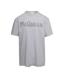 Alexander McQueen Grey Oversized T-shirt With Tonal Graffiti Logo Print In Cotton Man