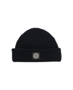 Stone Island Navy Blue Ribbed Beanie With Logo
