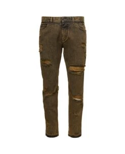 Dolce & Gabbana Brown Straight Jeans With Rips In Cotton Denim Man