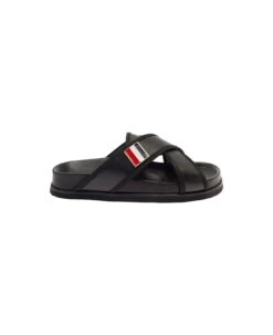 Criss Cross Strap Sandals With Logo In Black Leather Man