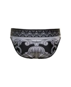 Versace Black And White Swim Briefs With All-over Barocco Print In Stretch Polyester Man
