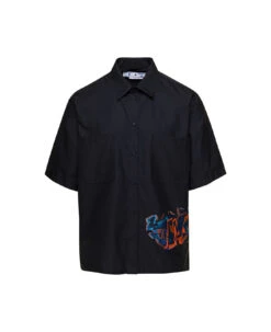 Off-White Black Short Sleeved Shirt With Multicolor Graffiti Embroidery In Cotton Blend Man