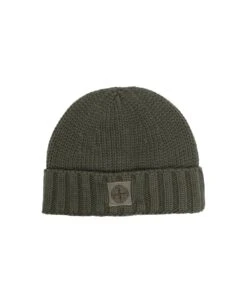 Stone Island Military Green Plain Knit Beanie With Logo Patch