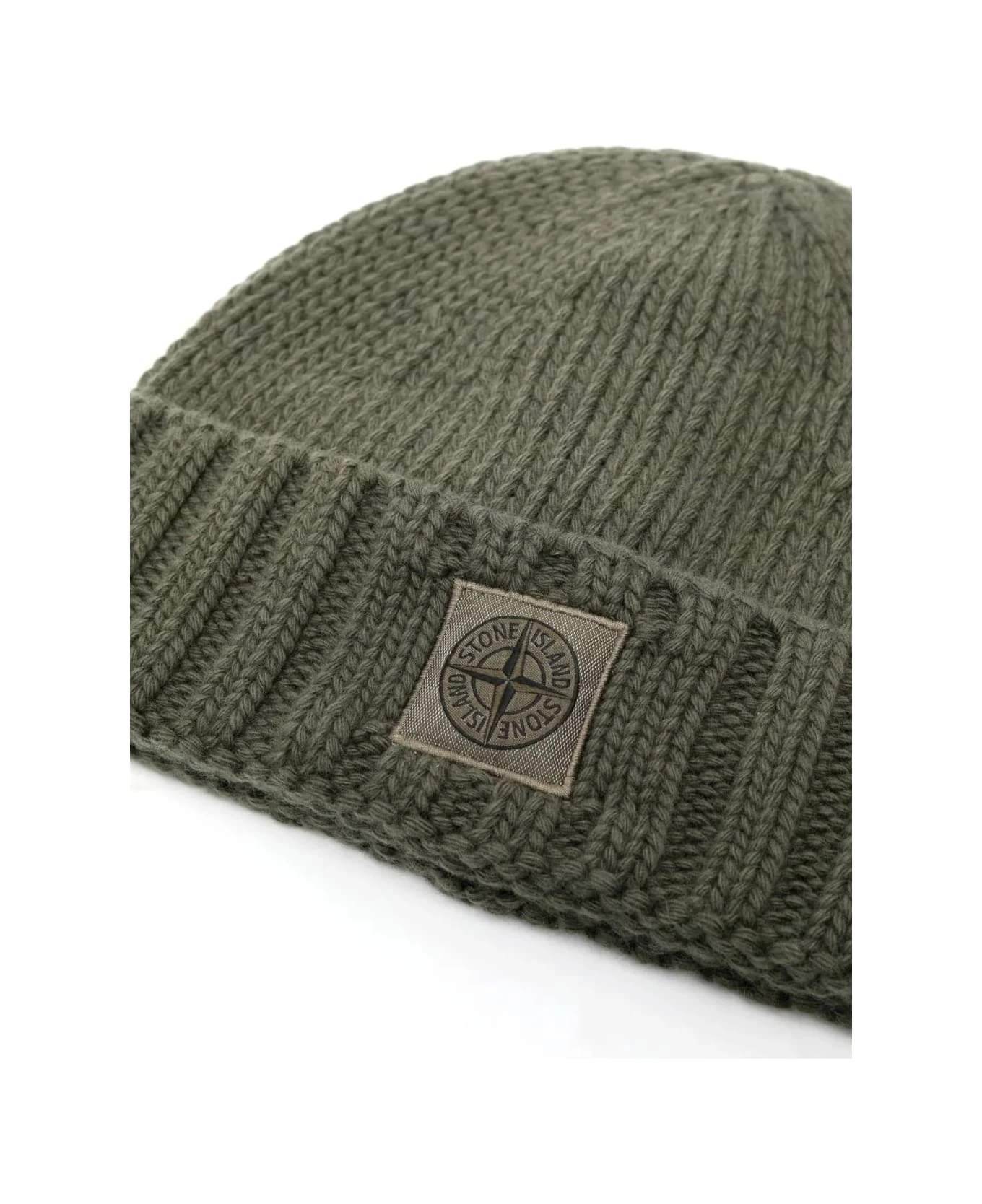 Stone Island Military Green Plain Knit Beanie With Logo Patch 2 Stone Island Military Green Plain Knit Beanie With Logo Patch - Image 2