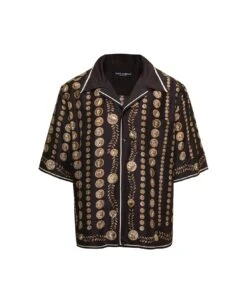Dolce & Gabbana Black Bowling Shirt With All-over Coin Print In Silk Man