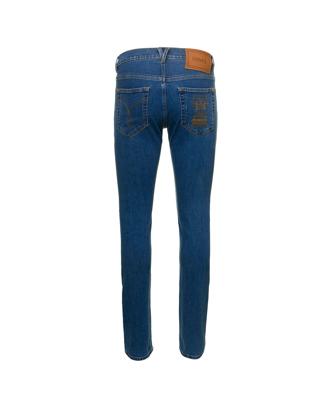 Versace Blue Fitted Jeans With Logo Embroidered And Botton In Cotton Blend Denim Woman 2 Versace Blue Fitted Jeans With Logo Embroidered And Botton In Cotton Blend Denim Woman - Image 2
