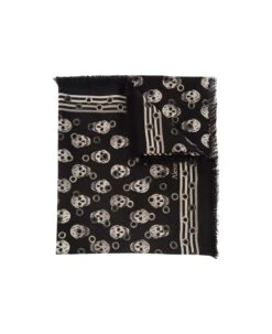 Alexander McQueen Black Scarf With All-over Skull Print And Fringed Hem In Wool Man
