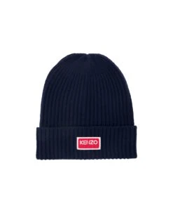 Kenzo Blue Beanie With Ribbed Texture And Contrastring Logo Patch In Wool Man
