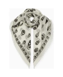 Alexander McQueen Ivory Foulard With Black Skulls Print