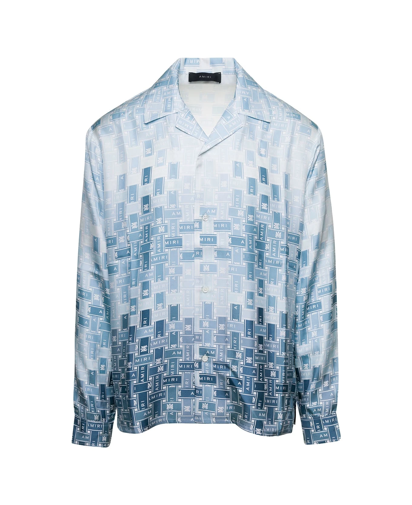 Amiri Light Blue Shirt With Cuban Collar And Graphic Print In Silk Man 1 Amiri Light Blue Shirt With Cuban Collar And Graphic Print In Silk Man