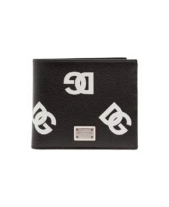 Dolce & Gabbana Black Bi-fold Wallet With All-over Dg Logo Print In Grainy Leather Man