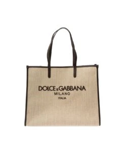 Dolce & Gabbana Beige Structured Shopper With Embroidered Logo In Cotton Blend Woman