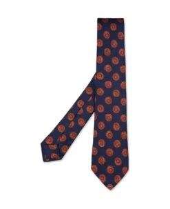Kiton Navy Blue Silk Tie With Orange Pattern