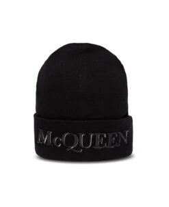 Alexander McQueen Black Wool And Cashmere Hat With Logo