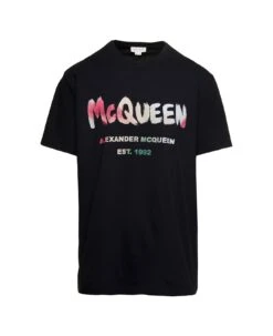 Alexander McQueen Black Oversized T-shirt With Multicolor Graffiti Logo Print In Cotton Man