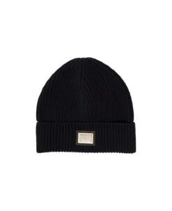 Dolce & Gabbana Black Ribbed Beanie With Logo Plaque In Wool And Cashmere Blend Woman