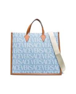 Versace Tote Bag With All-over Logo Print In Light Blue Canvas Man