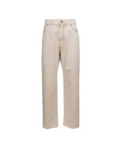 Dolce & Gabbana Cream Whie Wide-leg Jeans With Logo Plaque In Cotton Denim Man