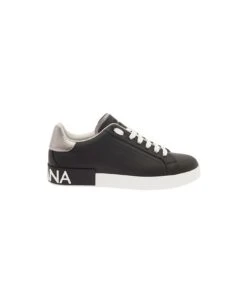Dolce & Gabbana 'portofino' Black Low Top Sneakers With Metal Heel Tab And Logo Patch In Leather Man