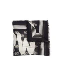 Alexander McQueen Black Scarf With All-over Skull Print And Graffiti Logo In Modal Man