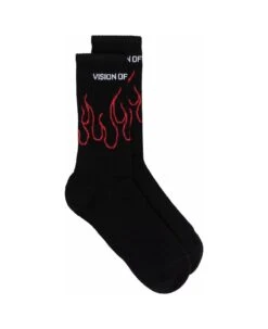 Vision Of Super Black And Red Flame Logo Socks