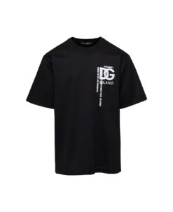 Dolce & Gabbana Black Crewneck T-shirt With Contrasting Logo Print In Cotton Man