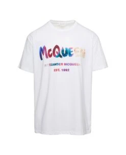Alexander McQueen White Oversized T-shirt With Multicolor Graffiti Logo Print In Cotton Man