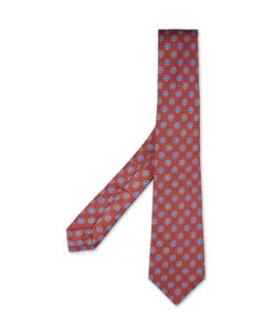 Kiton Red Silk Tie With Micro Yellow And Light Blue Flowers